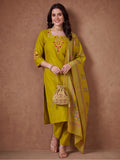 Women's Green Embroidered Kurta Set with Linen Dupatta | Roman Cotton Festive Ethnic Wear