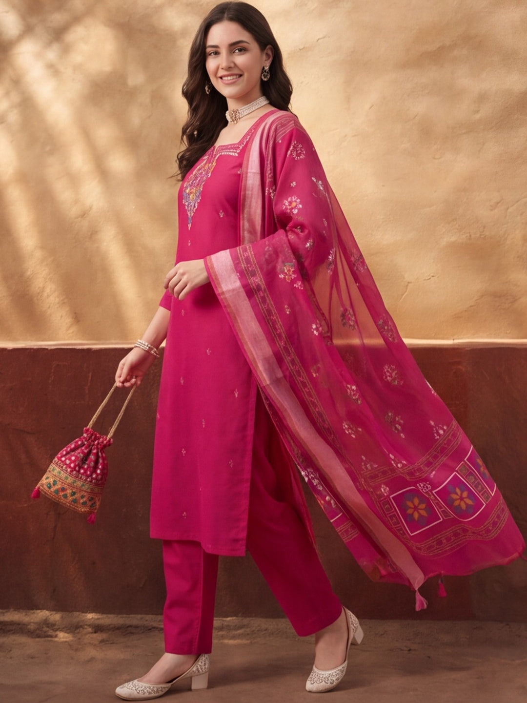 Women's Pink Embroidered Kurta Set with Linen Dupatta | Roman Cotton Festive Ethnic Wear