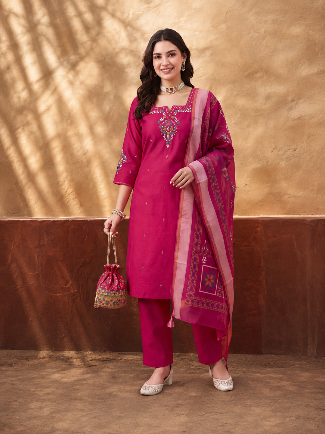 Women's Pink Embroidered Kurta Set with Linen Dupatta | Roman Cotton Festive Ethnic Wear