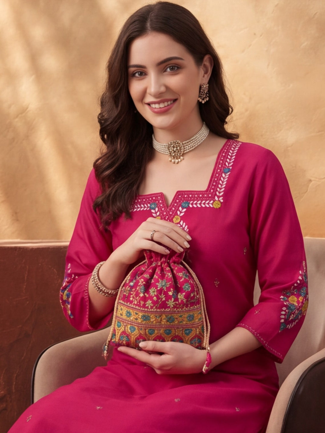 Women's Pink Embroidered Kurta Set with Linen Dupatta | Roman Cotton Festive Ethnic Wear