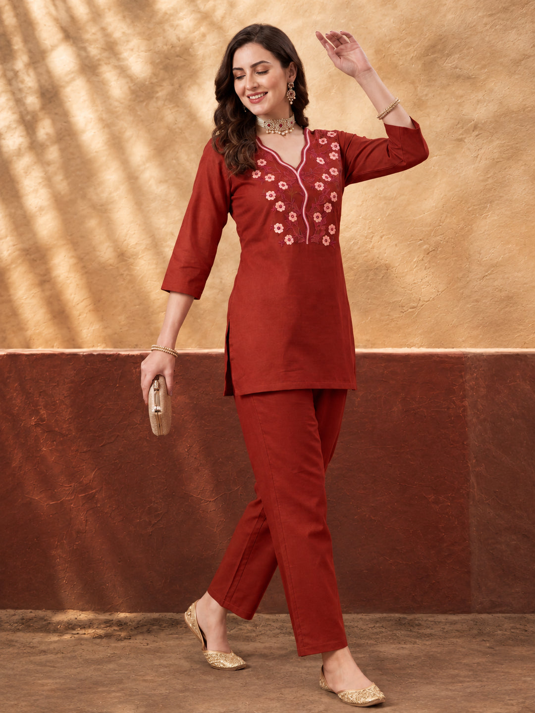 Women's Rust Embroidered Co-Ord Set | Cotton Flex Straight Kurta & Pants Ethnic Wear