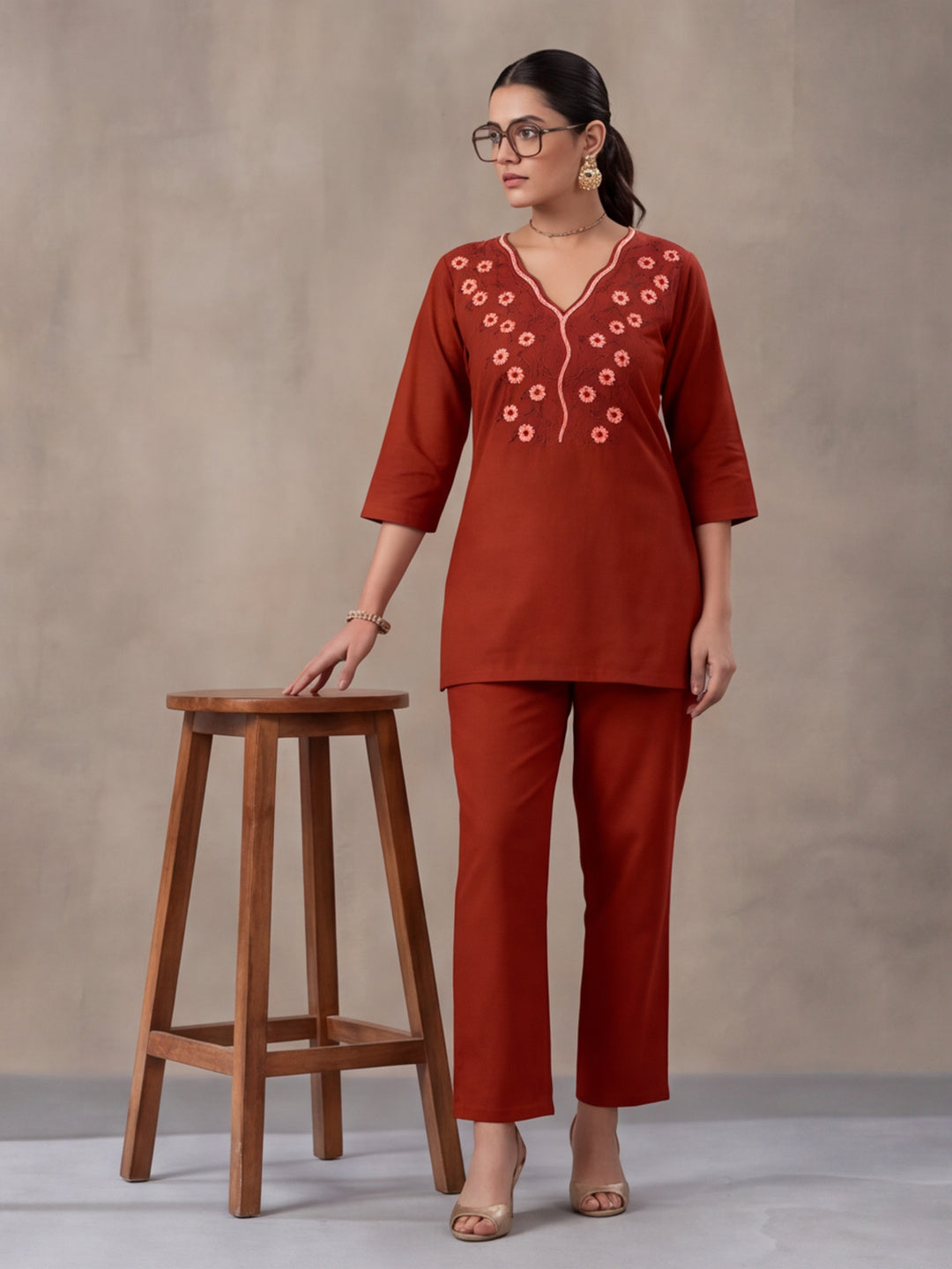 Women's Rust Embroidered Co-Ord Set | Cotton Flex Straight Kurta & Pants Ethnic Wear