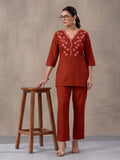 Women's Rust Embroidered Co-Ord Set | Cotton Flex Straight Kurta & Pants Ethnic Wear