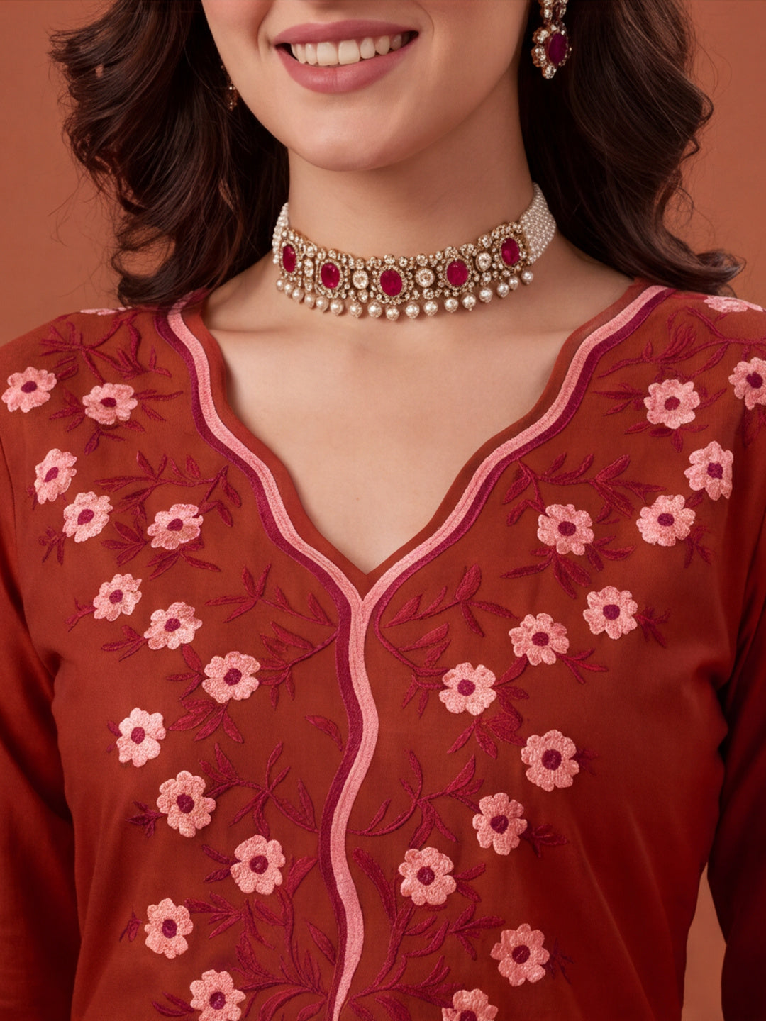 Women's Rust Embroidered Co-Ord Set | Cotton Flex Straight Kurta & Pants Ethnic Wear
