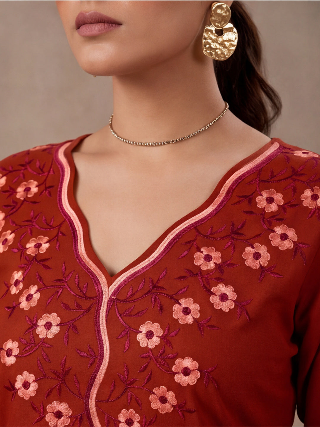 Women's Rust Embroidered Co-Ord Set | Cotton Flex Straight Kurta & Pants Ethnic Wear