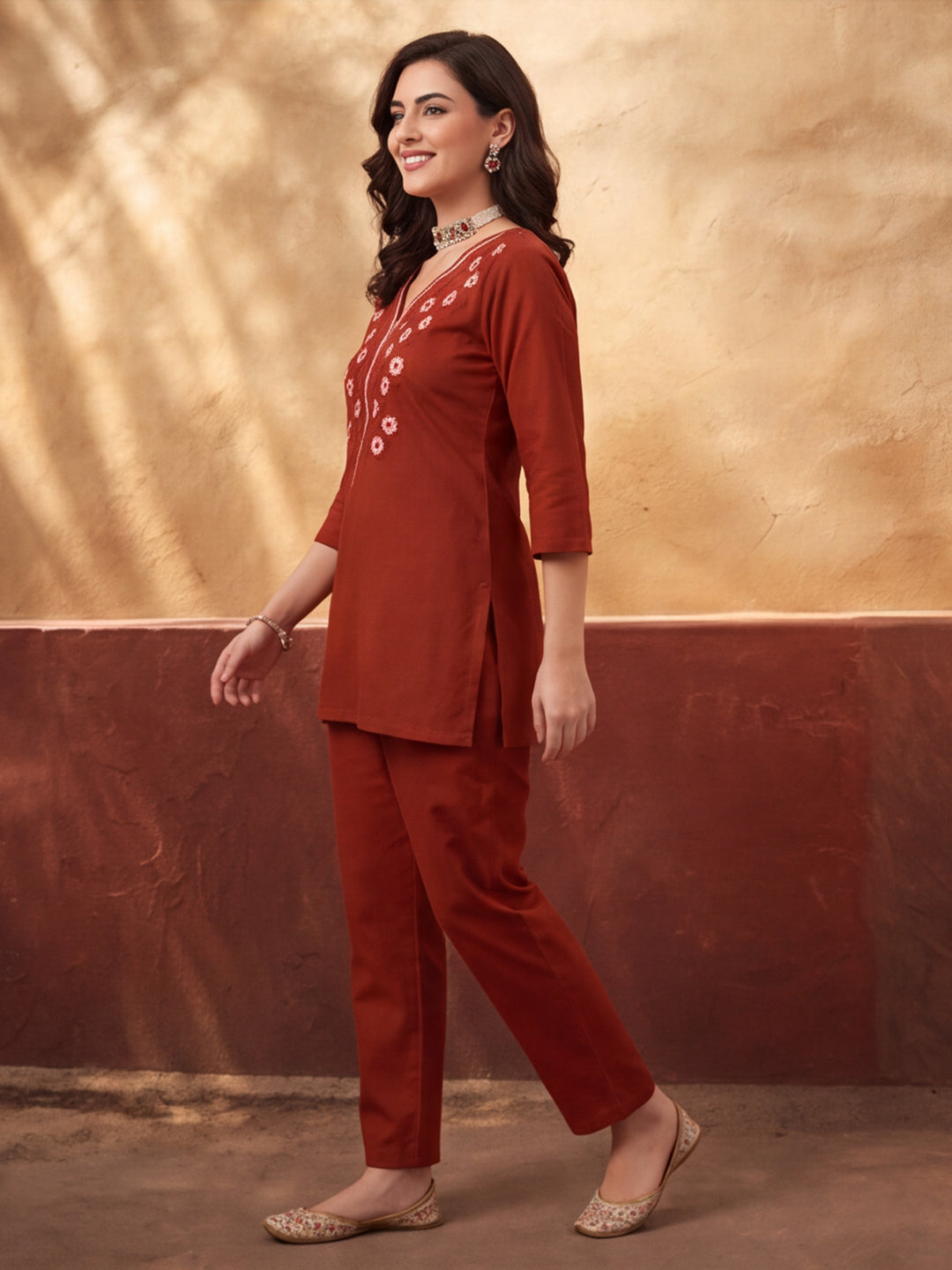 Women's Rust Embroidered Co-Ord Set | Cotton Flex Straight Kurta & Pants Ethnic Wear