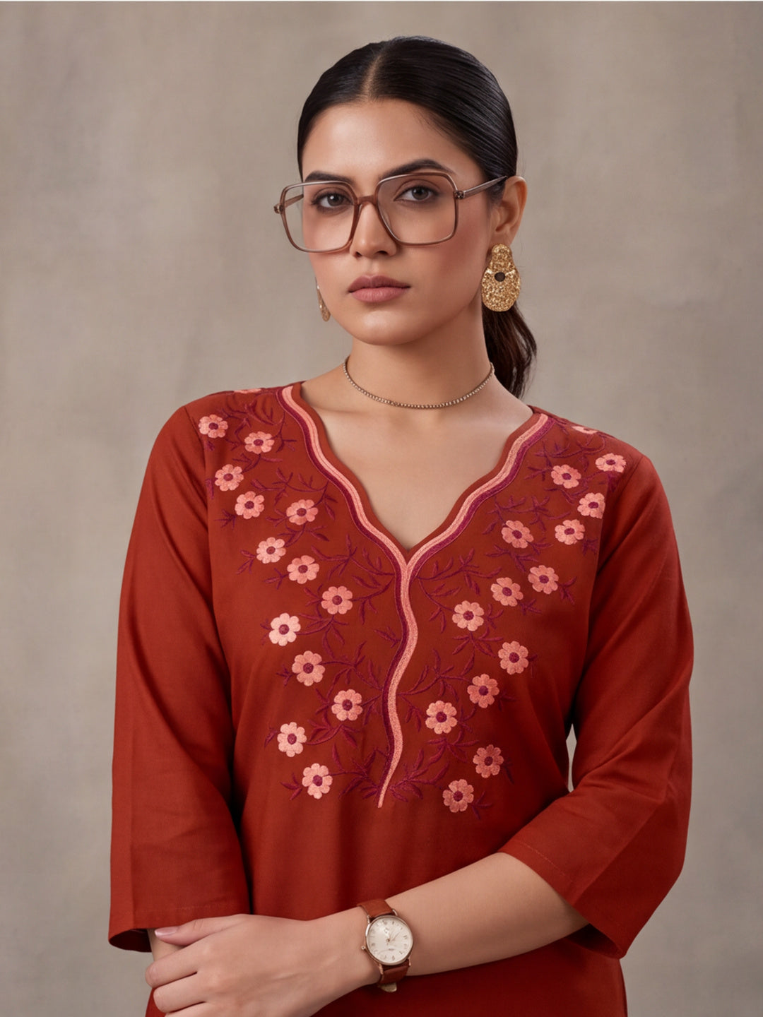 Women's Rust Embroidered Co-Ord Set | Cotton Flex Straight Kurta & Pants Ethnic Wear