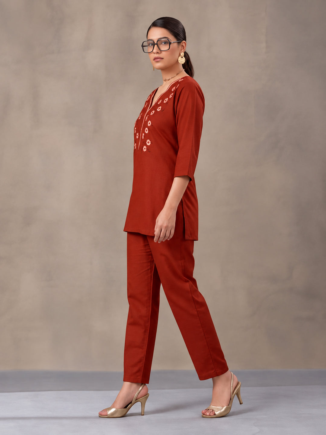 Women's Rust Embroidered Co-Ord Set | Cotton Flex Straight Kurta & Pants Ethnic Wear