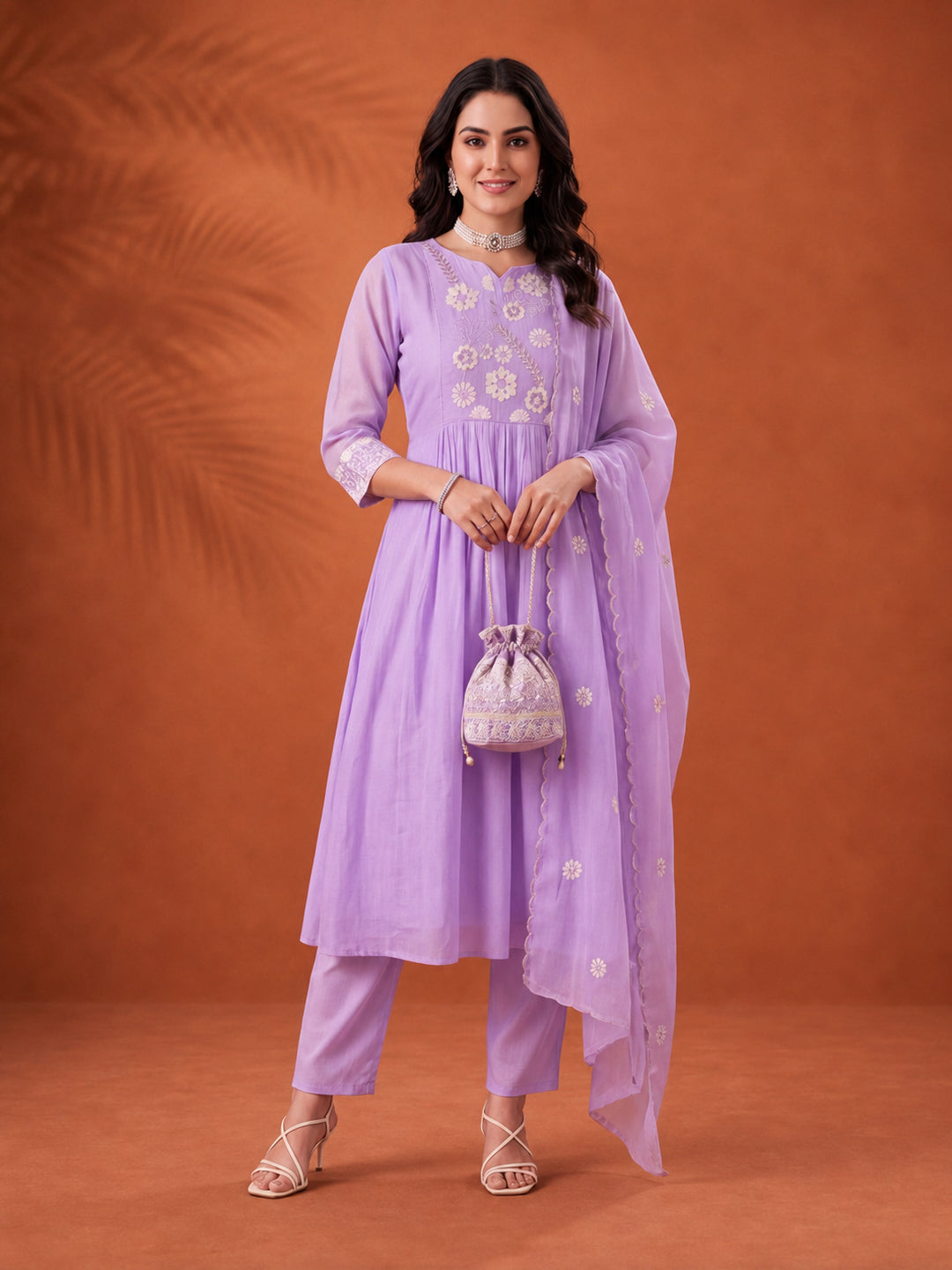 Women's Lavender Embroidered Anarkali Kurta Set with Dupatta | Mul Cotton Festive Ethnic Wear