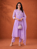 Women's Lavender Embroidered Anarkali Kurta Set with Dupatta | Mul Cotton Festive Ethnic Wear
