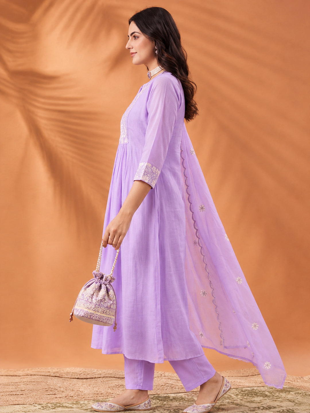 Women's Lavender Embroidered Anarkali Kurta Set with Dupatta | Mul Cotton Festive Ethnic Wear