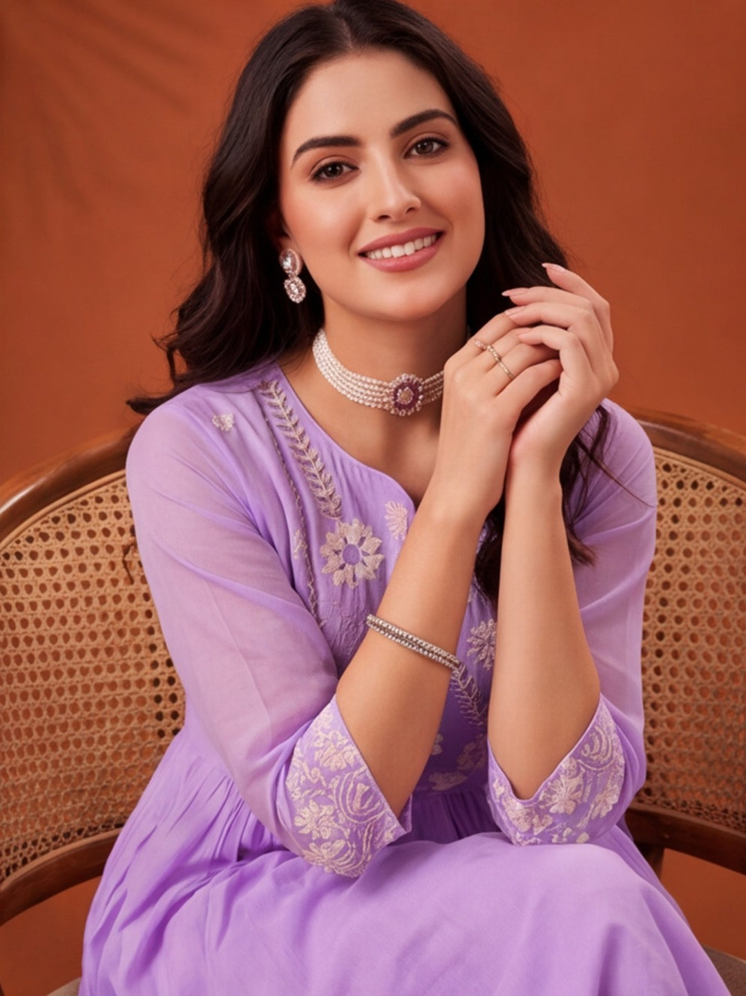 Women's Lavender Embroidered Anarkali Kurta Set with Dupatta | Mul Cotton Festive Ethnic Wear