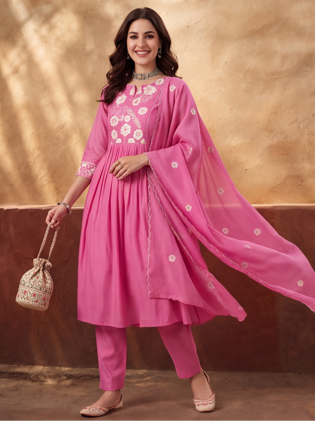 Women's Pink Embroidered Anarkali Kurta Set with Dupatta | Mul Cotton Festive Ethnic Wear