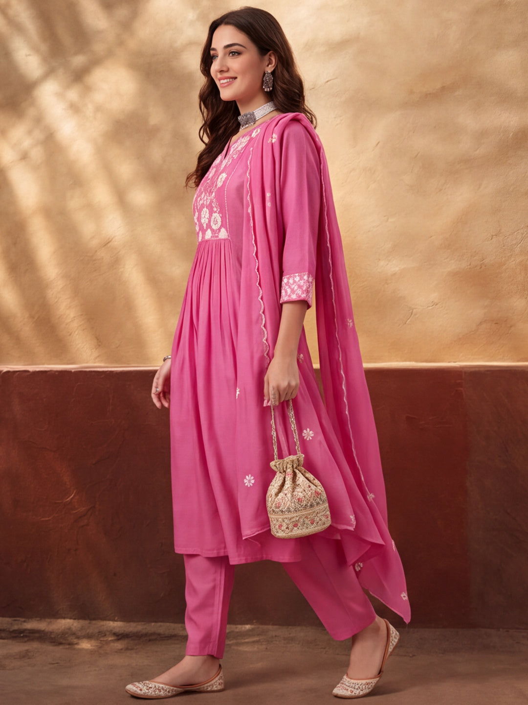 Women's Pink Embroidered Anarkali Kurta Set with Dupatta | Mul Cotton Festive Ethnic Wear