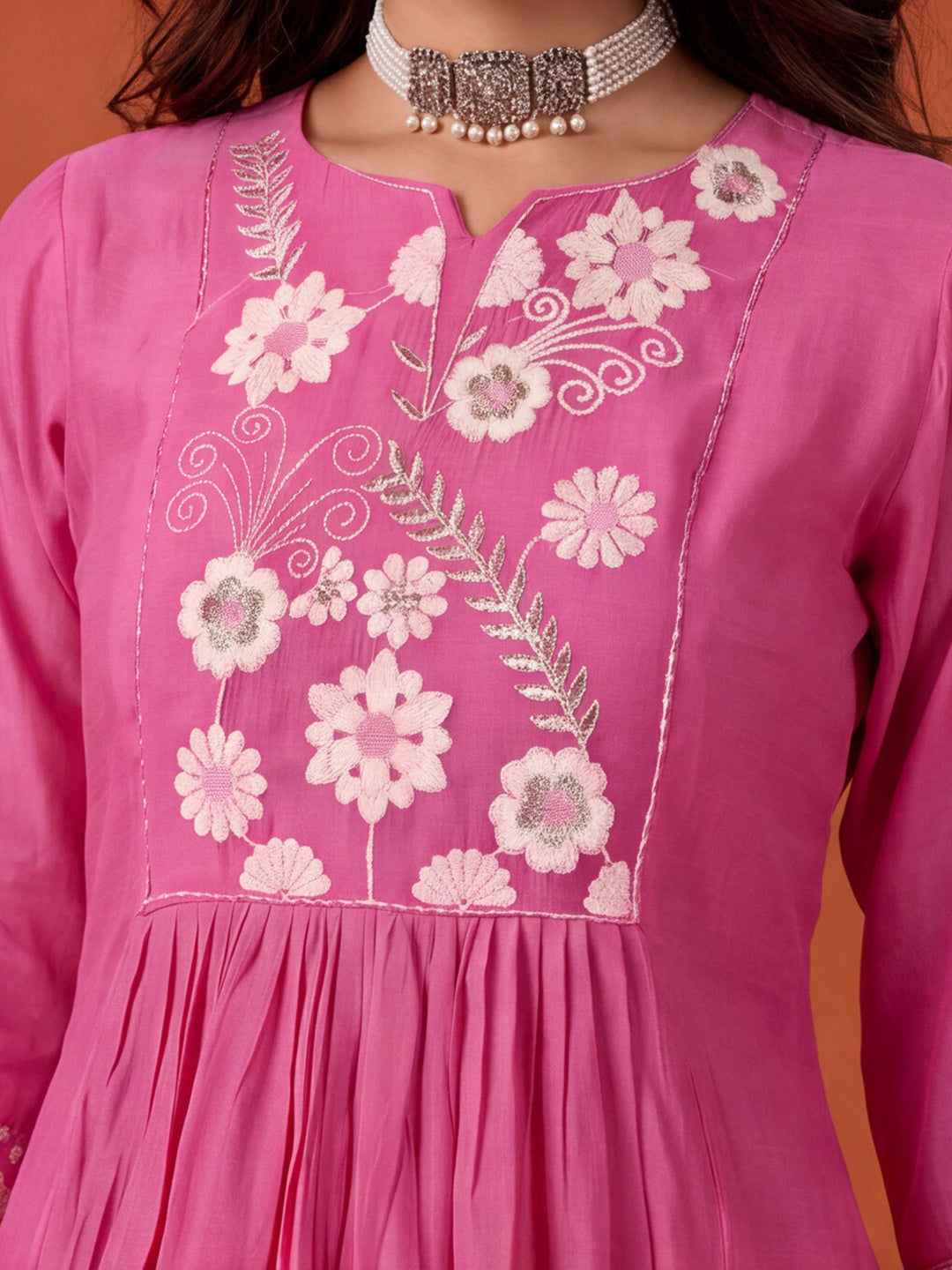 Women's Pink Embroidered Anarkali Kurta Set with Dupatta | Mul Cotton Festive Ethnic Wear