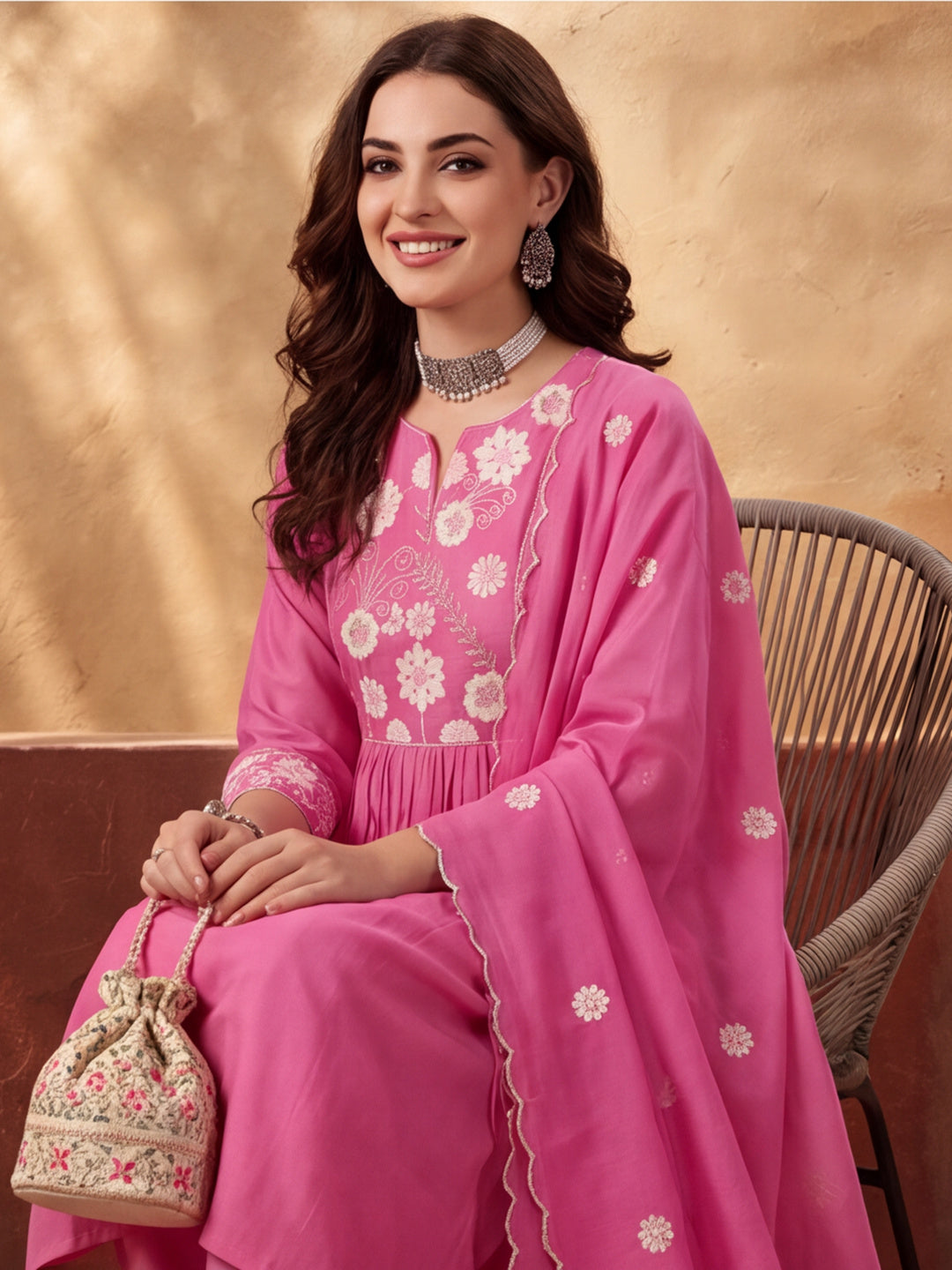 Women's Pink Embroidered Anarkali Kurta Set with Dupatta | Mul Cotton Festive Ethnic Wear