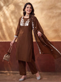Women's Brown Embroidered Kurta Set with Dupatta | Mul Cotton Festive Ethnic Wear