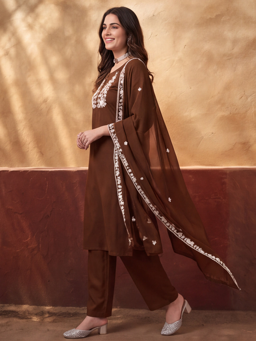 Women's Brown Embroidered Kurta Set with Dupatta | Mul Cotton Festive Ethnic Wear