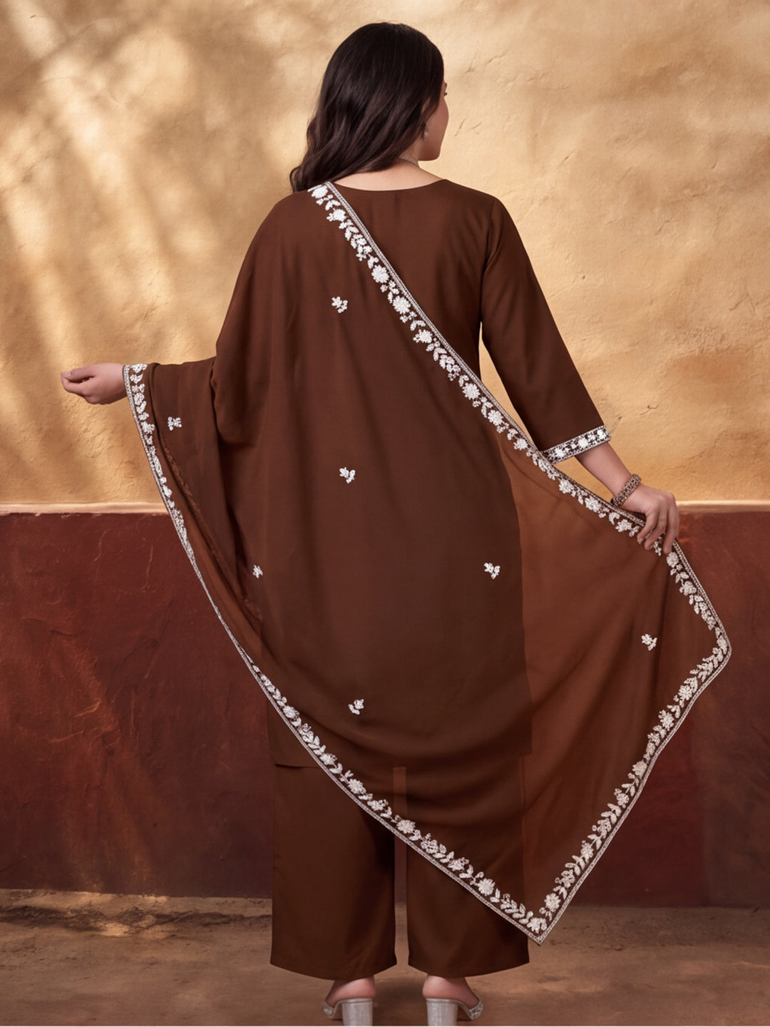 Women's Brown Embroidered Kurta Set with Dupatta | Mul Cotton Festive Ethnic Wear