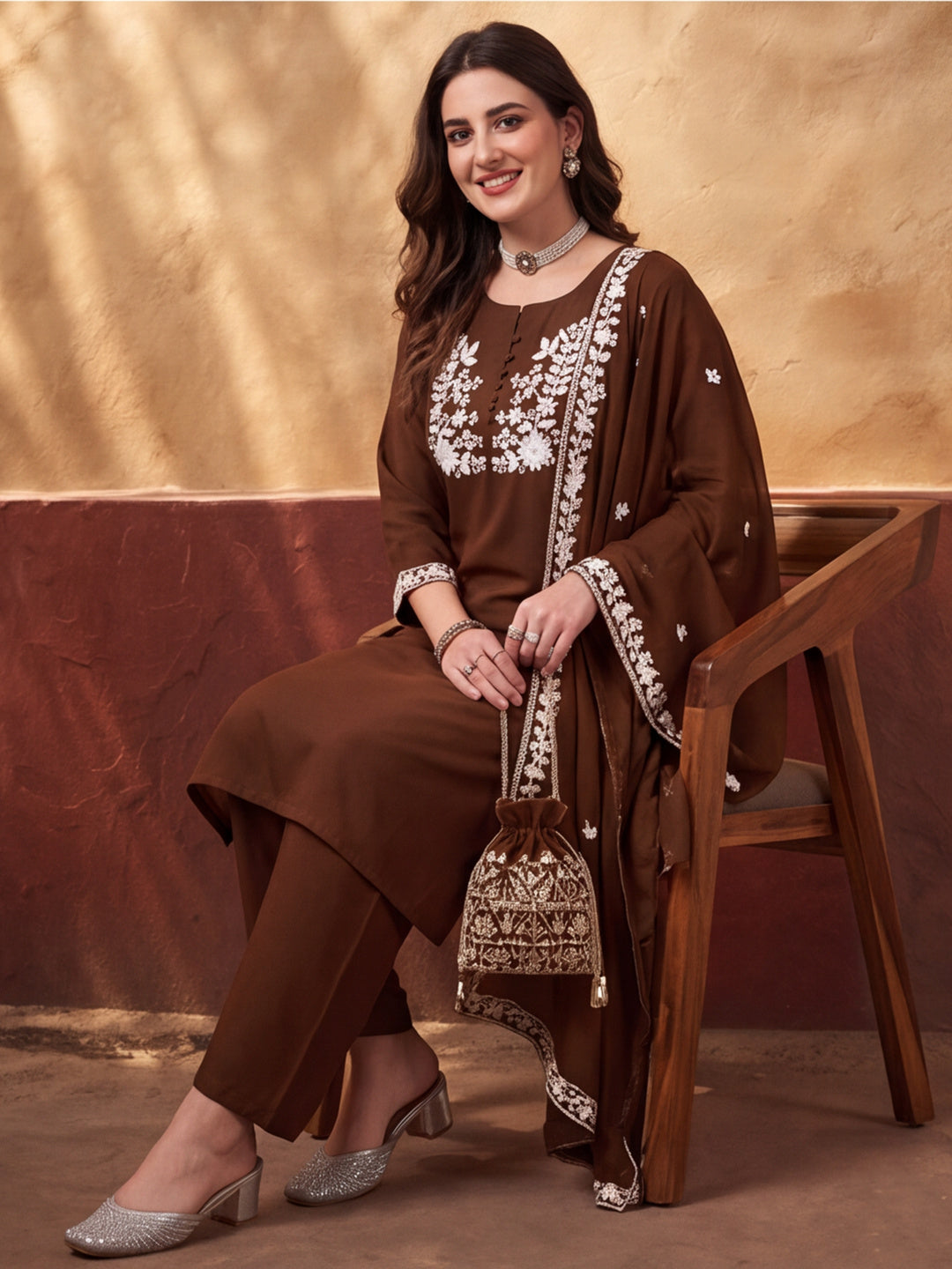 Women's Brown Embroidered Kurta Set with Dupatta | Mul Cotton Festive Ethnic Wear
