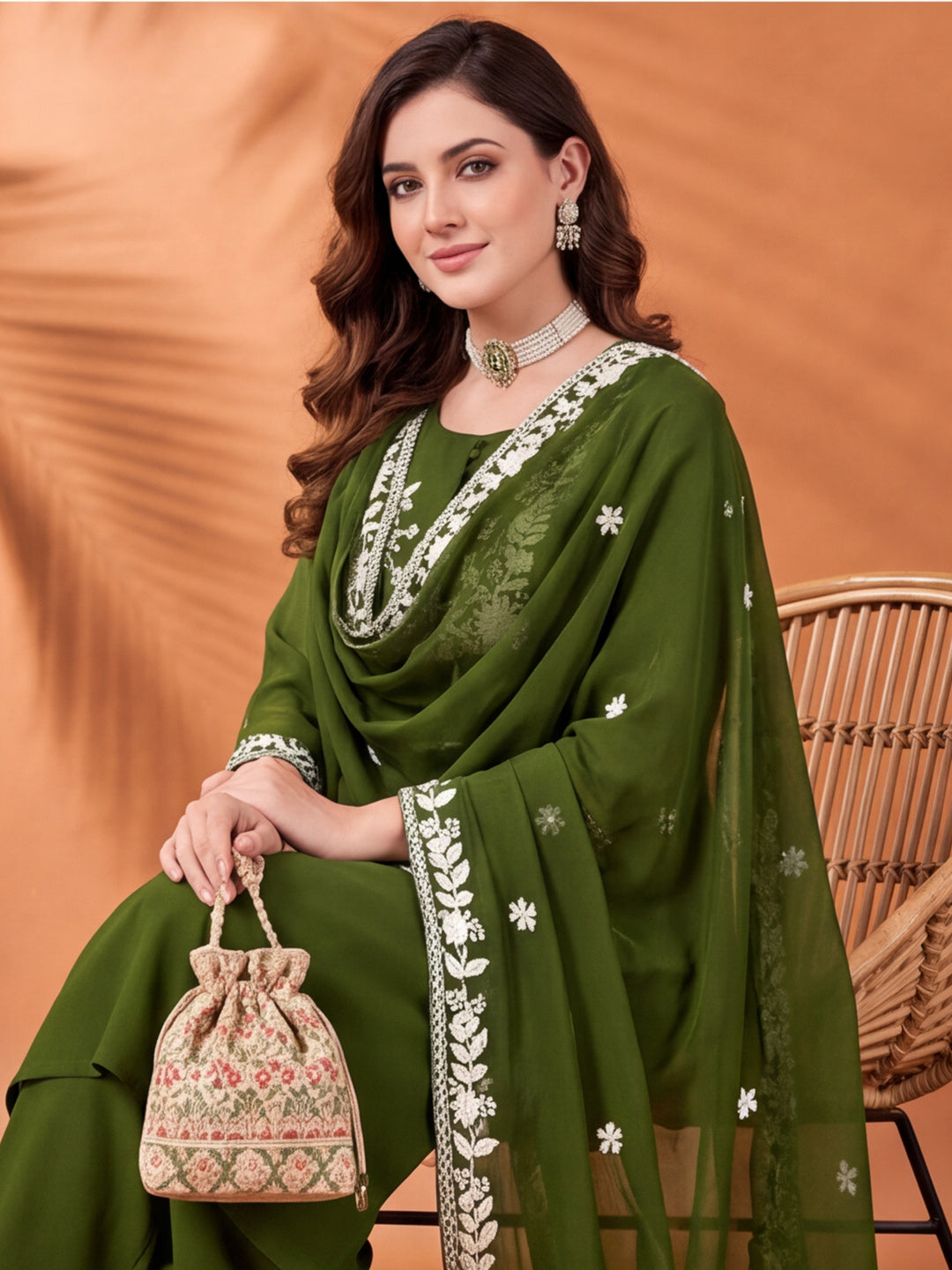 Women's Green Embroidered Kurta Set with Dupatta | Mul Cotton Festive Ethnic Wear