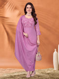 Women's Lavender Embroidered Kurta Set with Dupatta | Mul Cotton Festive Ethnic Wear