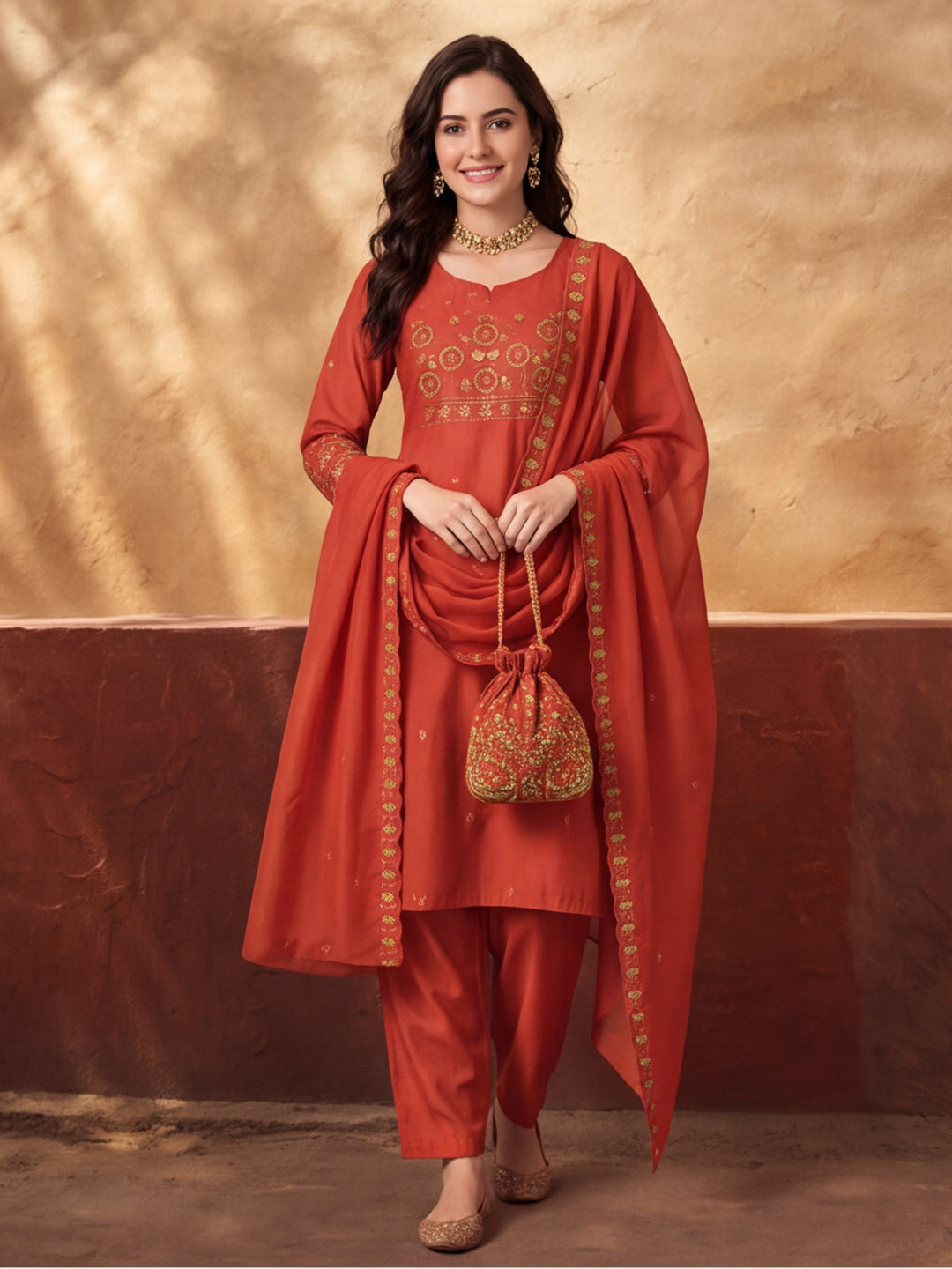 Women's Rust Embroidered Kurta Set with Dupatta | Mul Cotton Festive Ethnic Wear