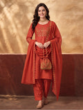 Women's Rust Embroidered Kurta Set with Dupatta | Mul Cotton Festive Ethnic Wear