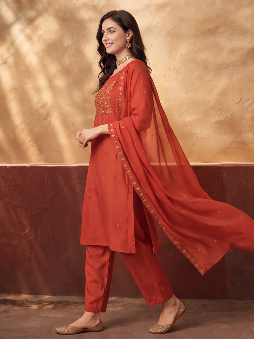 Women's Rust Embroidered Kurta Set with Dupatta | Mul Cotton Festive Ethnic Wear