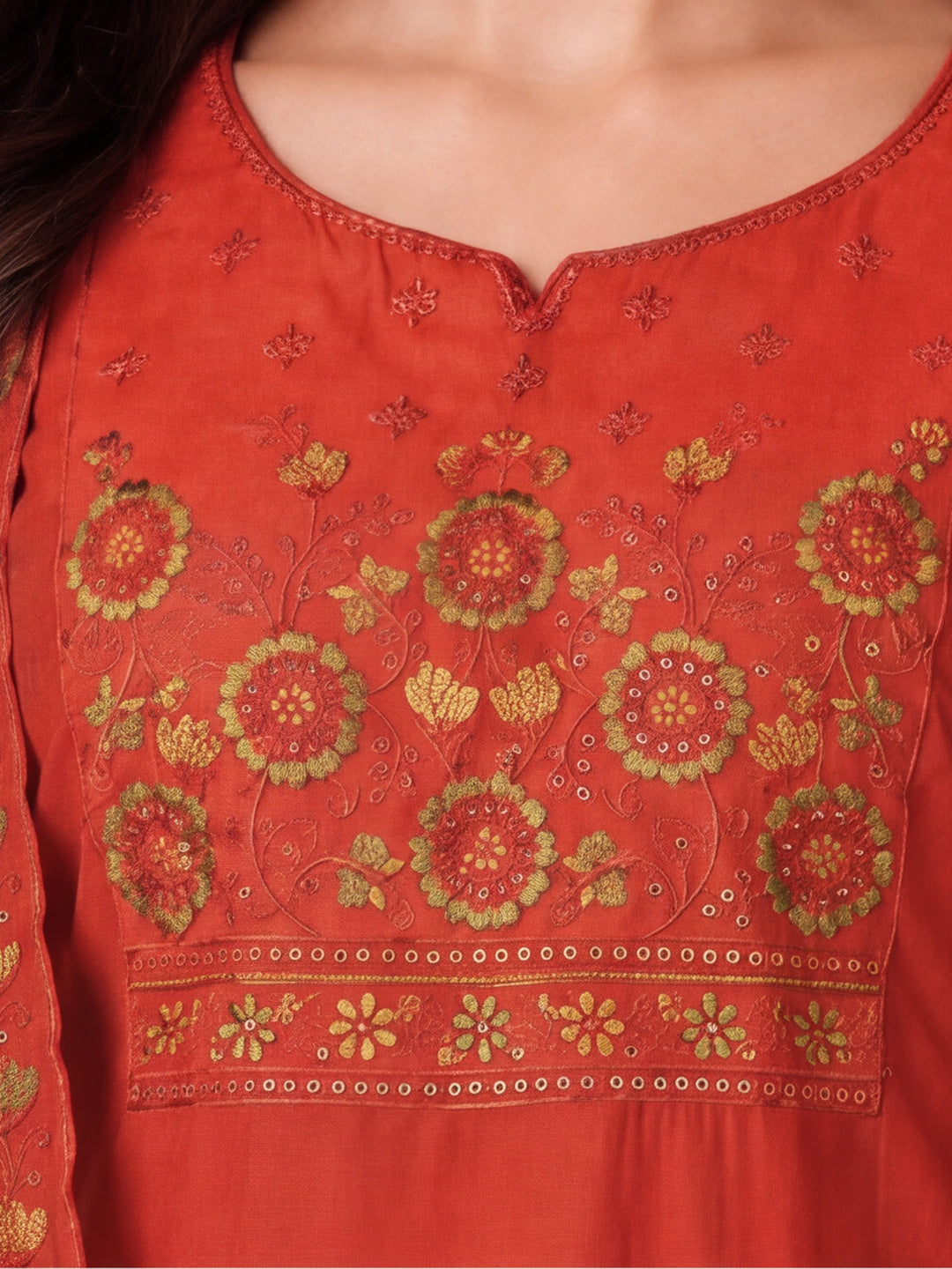 Women's Rust Embroidered Kurta Set with Dupatta | Mul Cotton Festive Ethnic Wear