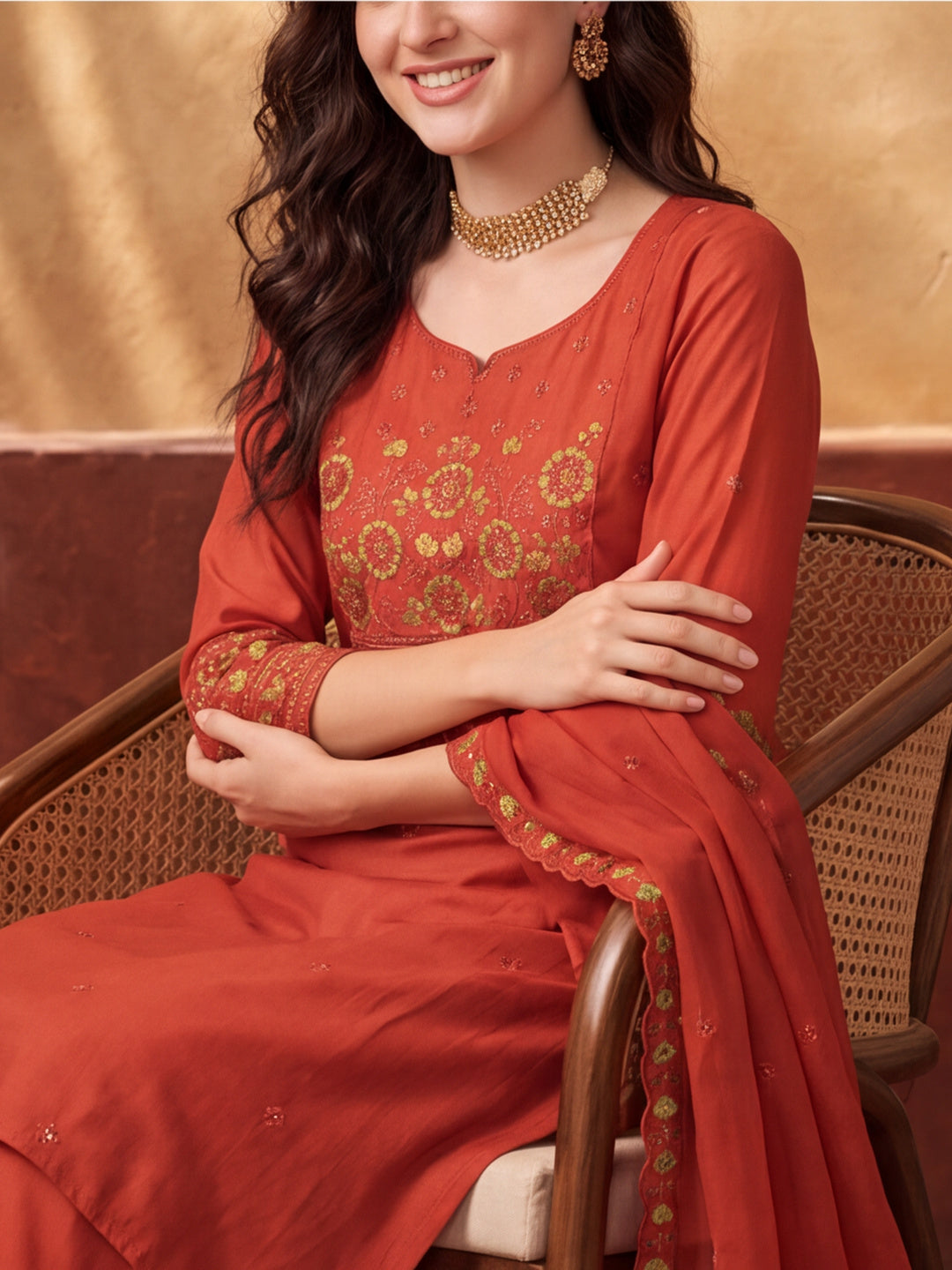 Women's Rust Embroidered Kurta Set with Dupatta | Mul Cotton Festive Ethnic Wear