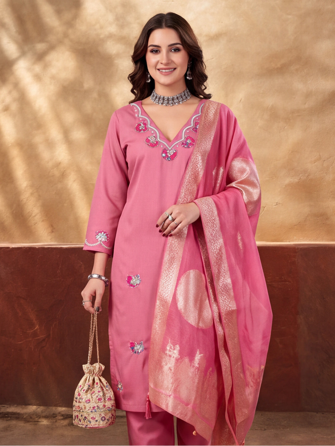 Women's Pink Embroidered Kurta Set with Dupatta | Mul Cotton Festive Ethnic Wear