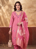 Women's Pink Embroidered Kurta Set with Dupatta | Mul Cotton Festive Ethnic Wear