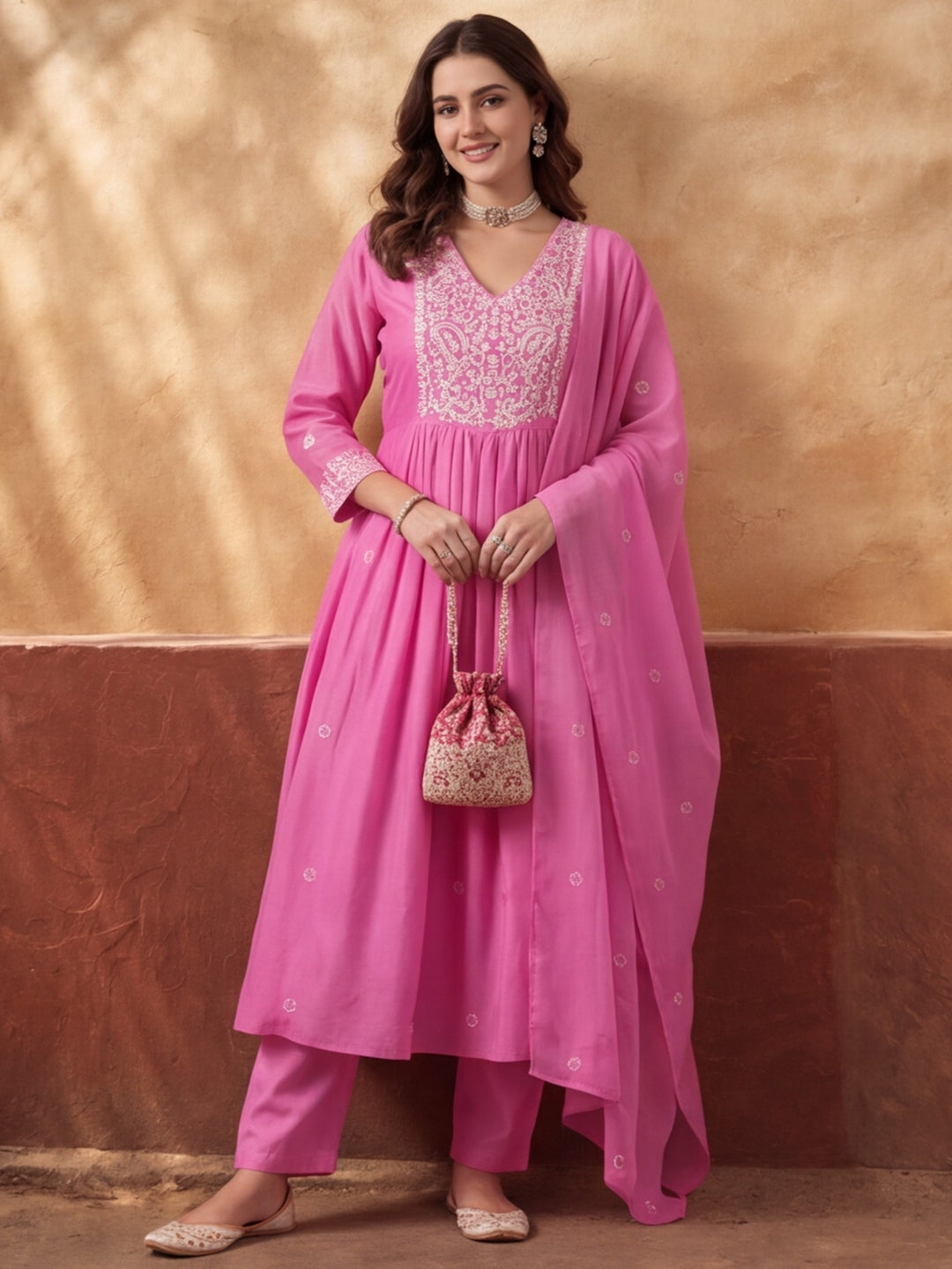 Women's Pink Embroidered Kurta Set with Dupatta | Mul Cotton Festive Ethnic Wear