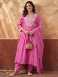 Women's Pink Embroidered Kurta Set with Dupatta | Mul Cotton Festive Ethnic Wear