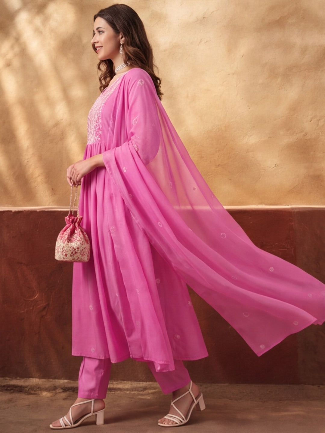 Women's Pink Embroidered Kurta Set with Dupatta | Mul Cotton Festive Ethnic Wear