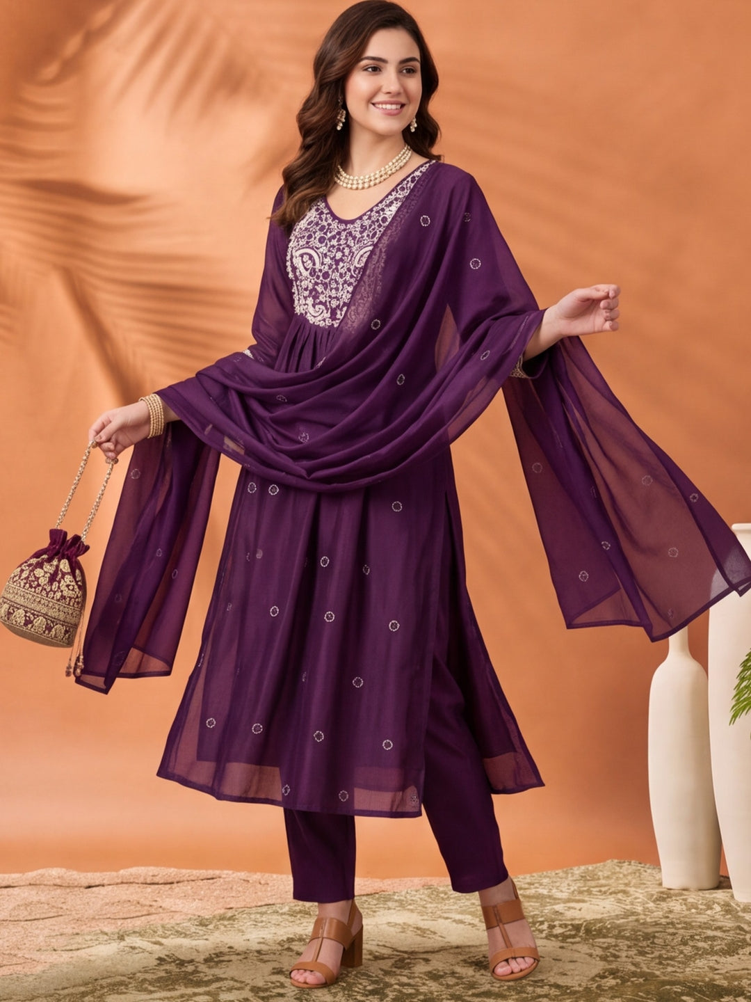 Women's Purple Embroidered Kurta Set with Dupatta | Mul Cotton Festive Ethnic Wear