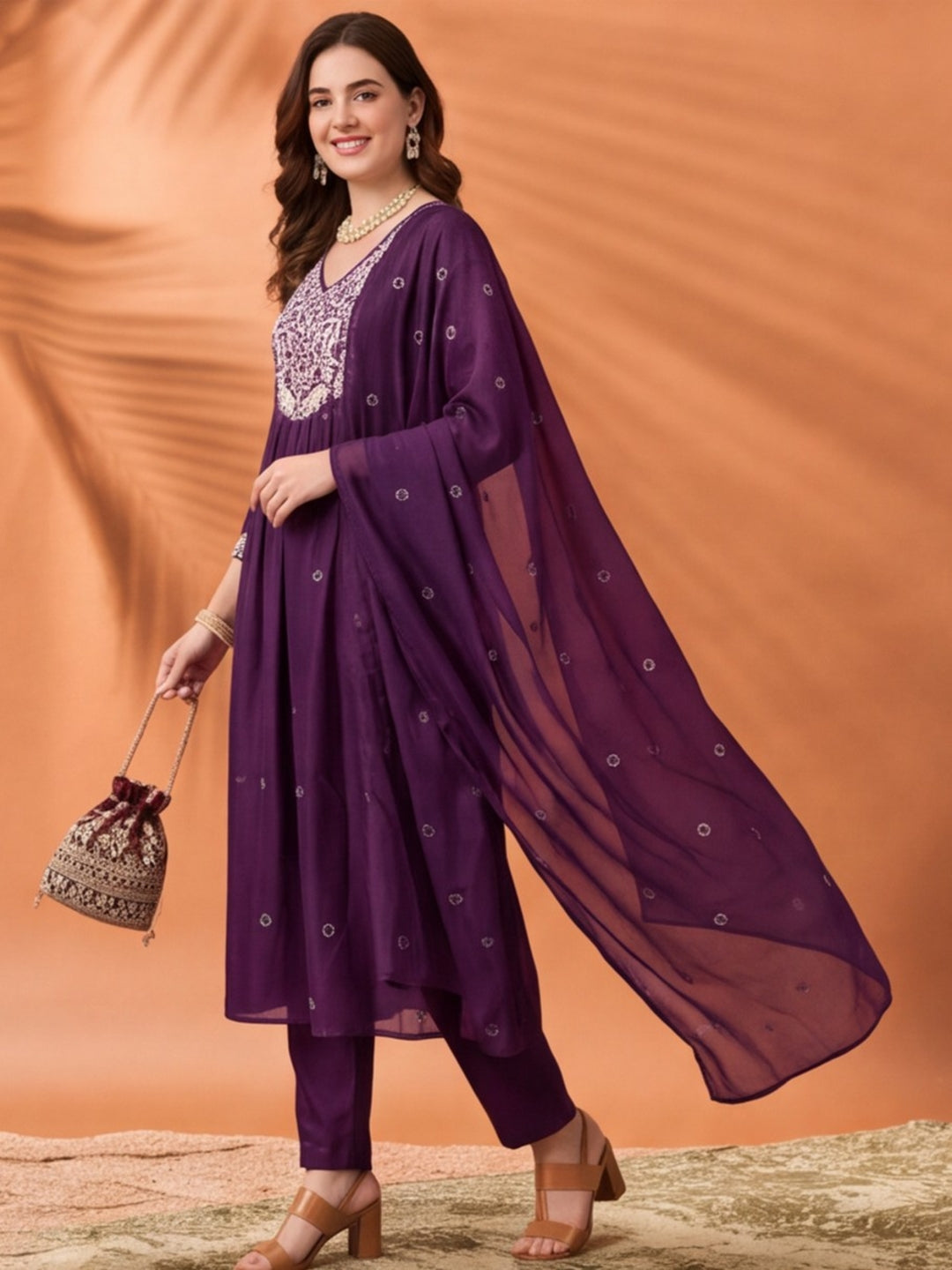 Women's Purple Embroidered Kurta Set with Dupatta | Mul Cotton Festive Ethnic Wear