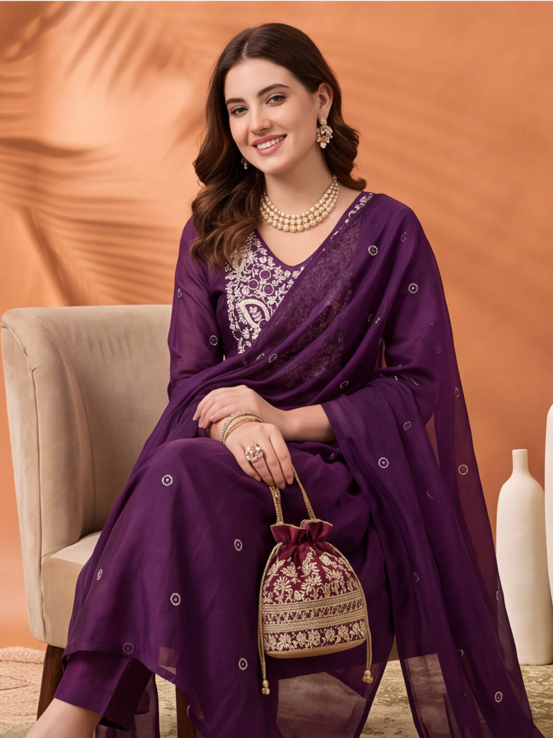 Women's Purple Embroidered Kurta Set with Dupatta | Mul Cotton Festive Ethnic Wear