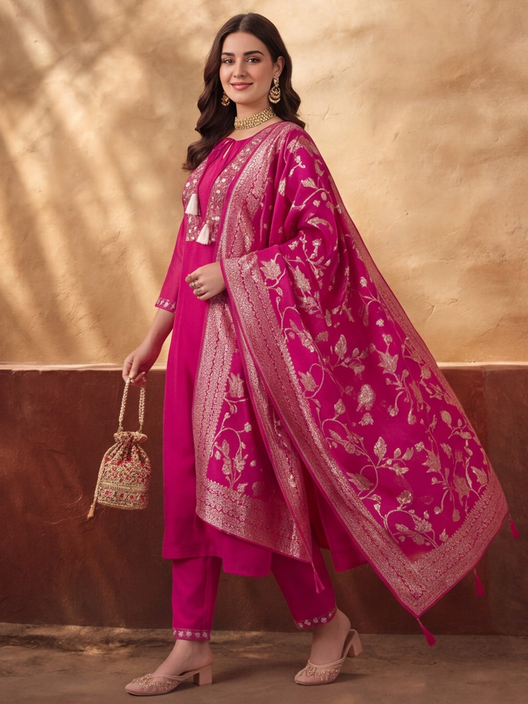 Women's Pink Embroidered Kurta Set with Jacquard Dupatta | Mul Cotton Festive Ethnic Wear