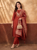 Women's Rust Embroidered Kurta Set with Jacquard Dupatta | Mul Cotton Festive Ethnic Wear