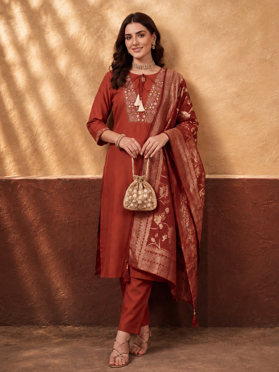 Women's Rust Embroidered Kurta Set with Jacquard Dupatta | Mul Cotton Festive Ethnic Wear