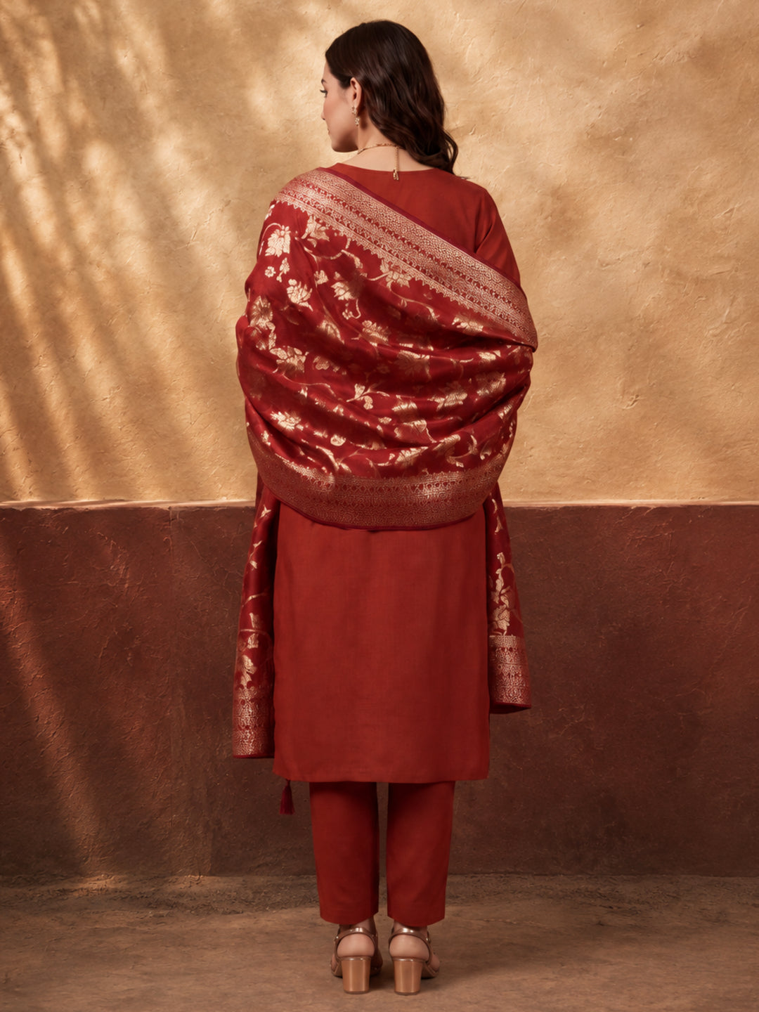 Women's Rust Embroidered Kurta Set with Jacquard Dupatta | Mul Cotton Festive Ethnic Wear