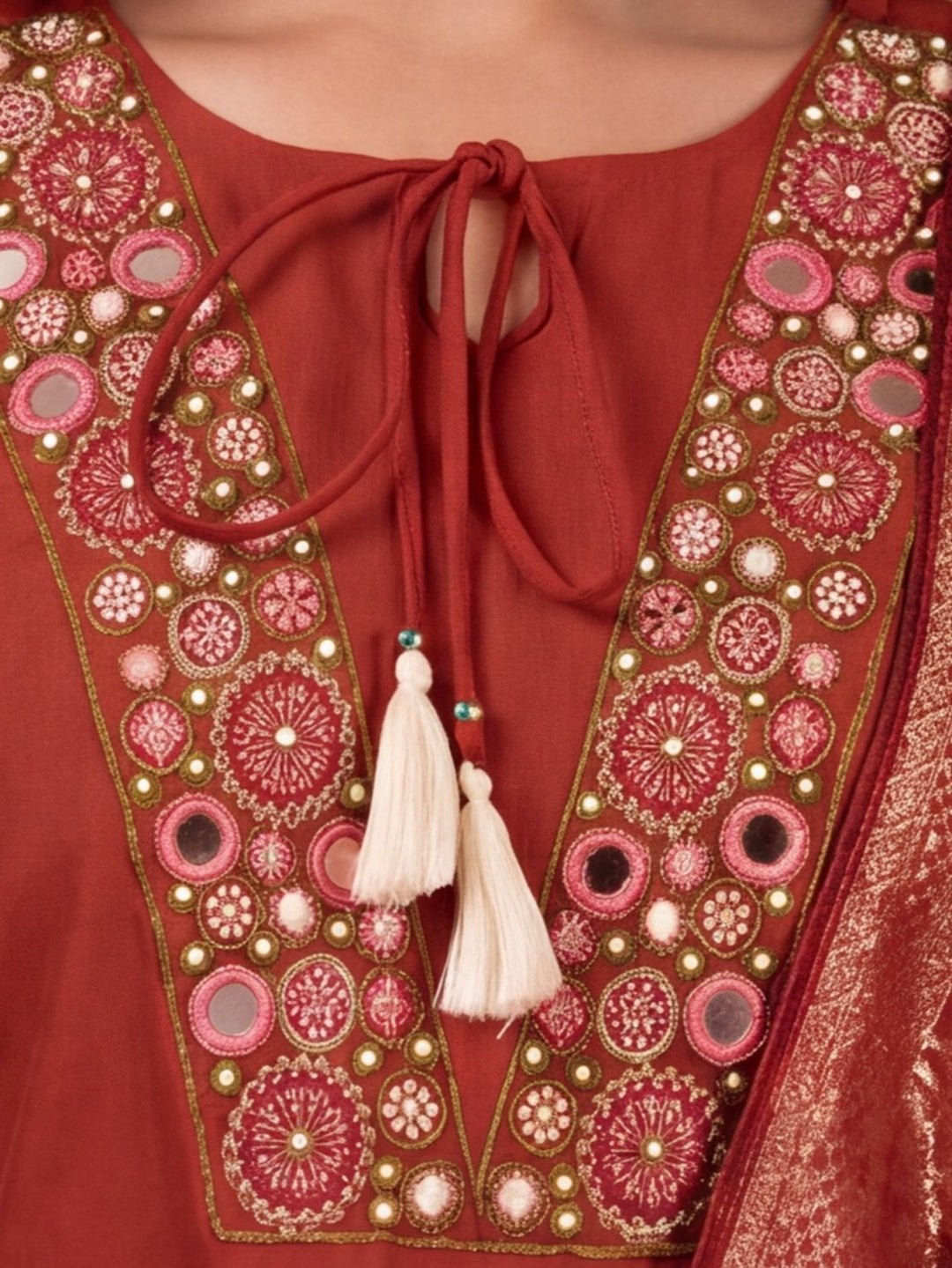 Women's Rust Embroidered Kurta Set with Jacquard Dupatta | Mul Cotton Festive Ethnic Wear