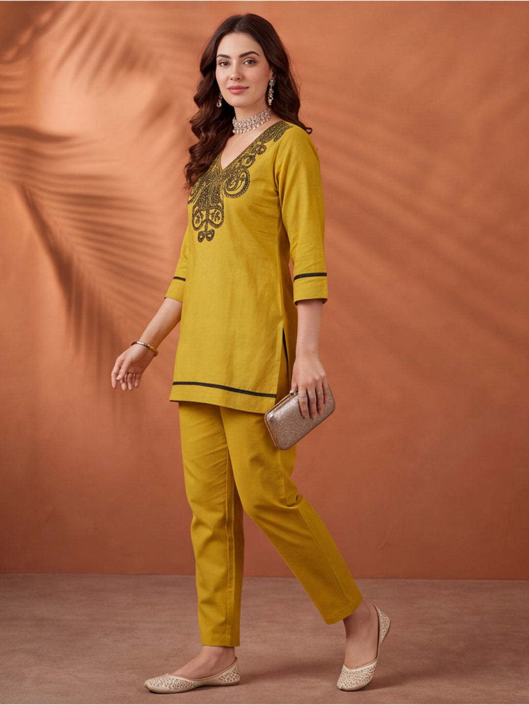 Women's Mustard Embroidered Co-Ord Set | Premium Cotton Flex Kurta & Pants Ethnic Wear
