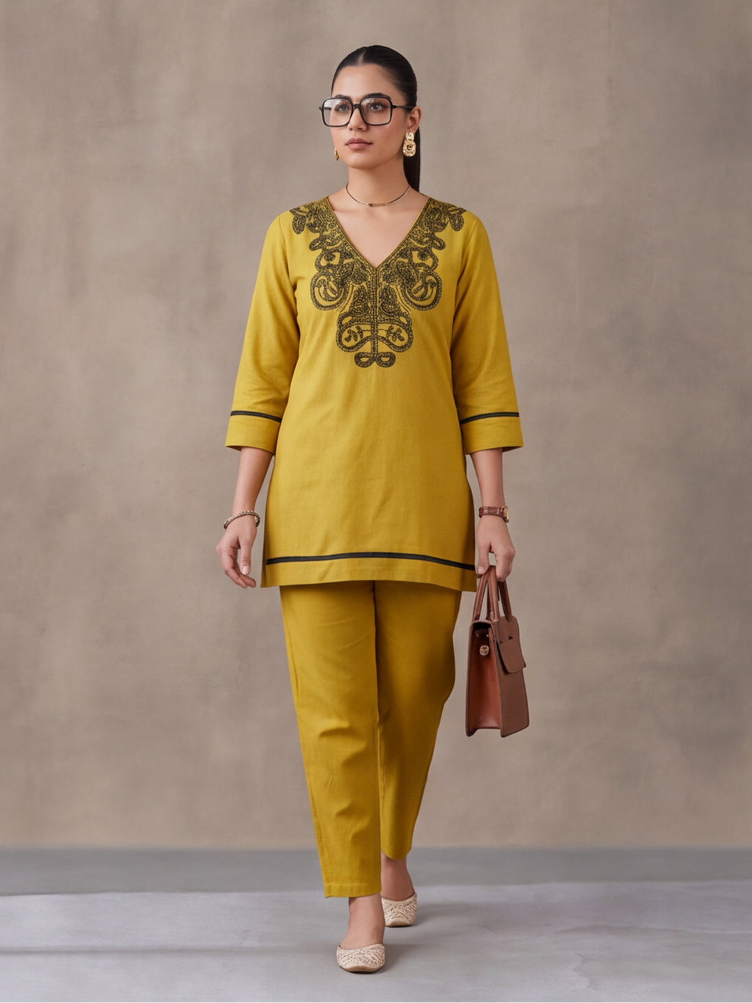Women's Mustard Embroidered Co-Ord Set | Premium Cotton Flex Kurta & Pants Ethnic Wear