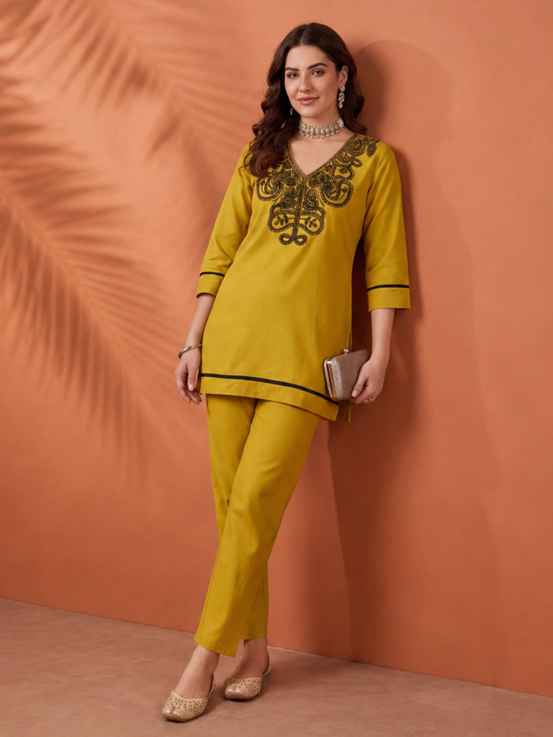 Women's Mustard Embroidered Co-Ord Set | Premium Cotton Flex Kurta & Pants Ethnic Wear