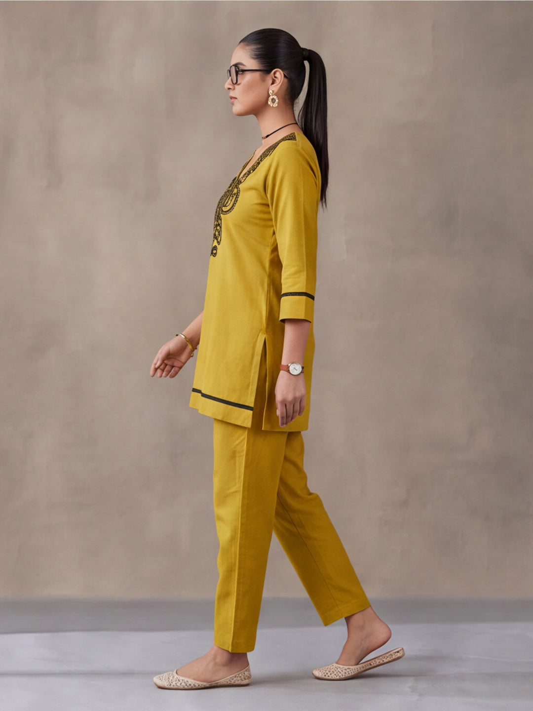 Women's Mustard Embroidered Co-Ord Set | Premium Cotton Flex Kurta & Pants Ethnic Wear