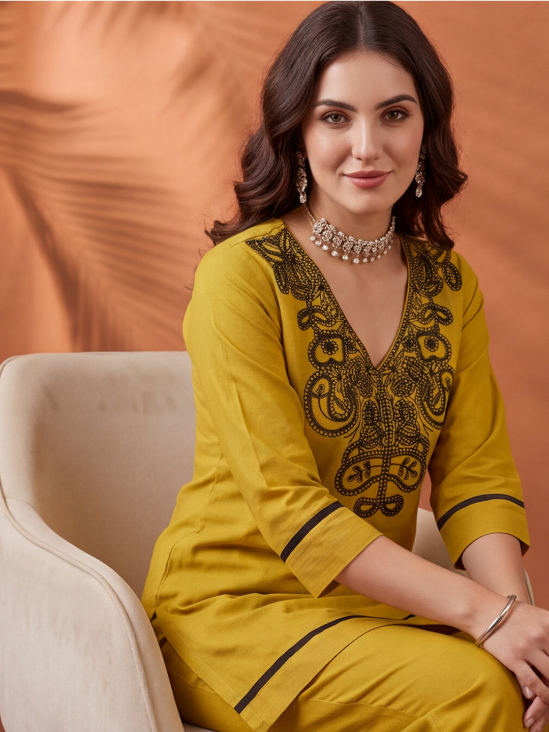 Women's Mustard Embroidered Co-Ord Set | Premium Cotton Flex Kurta & Pants Ethnic Wear
