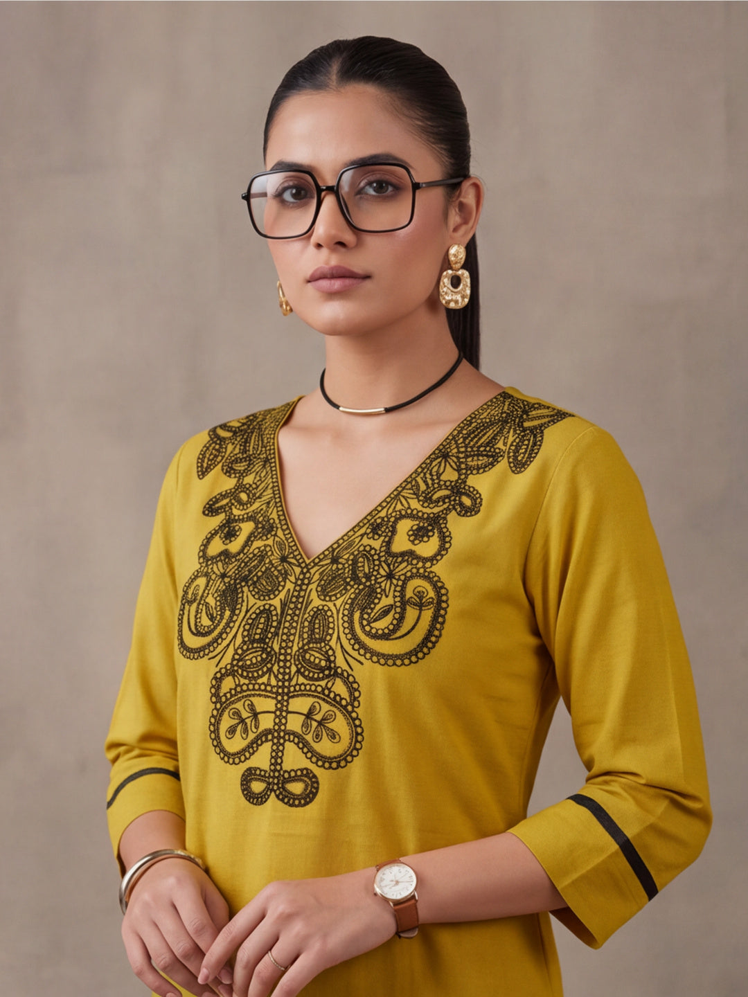 Women's Mustard Embroidered Co-Ord Set | Premium Cotton Flex Kurta & Pants Ethnic Wear